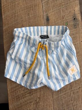 Blue & White Stripe Kids Swim Shorts with Yellow Drawstring